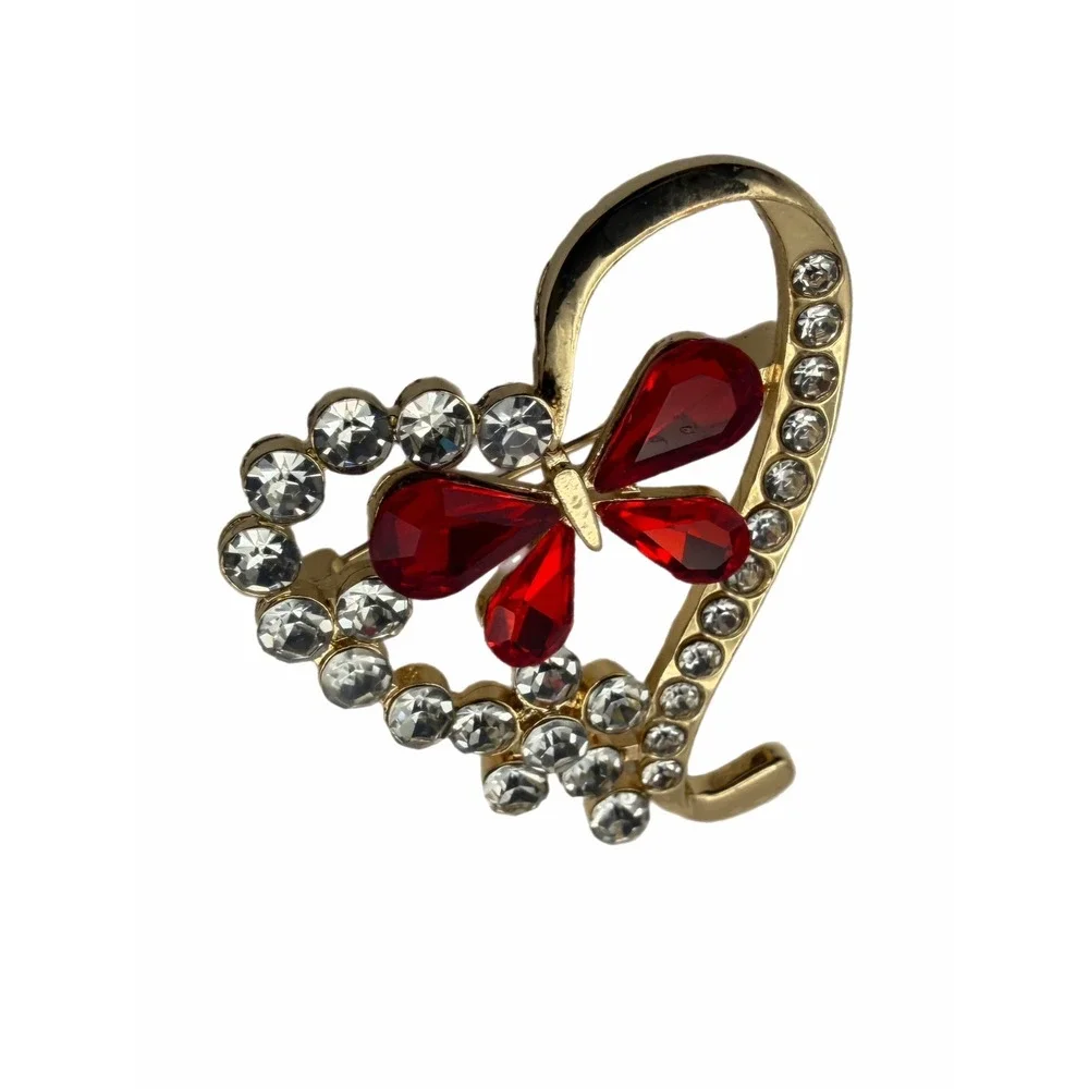 Gold Tone Red Rhinestone Butterfly Heart Brooch Clear Crystal Accent Pin